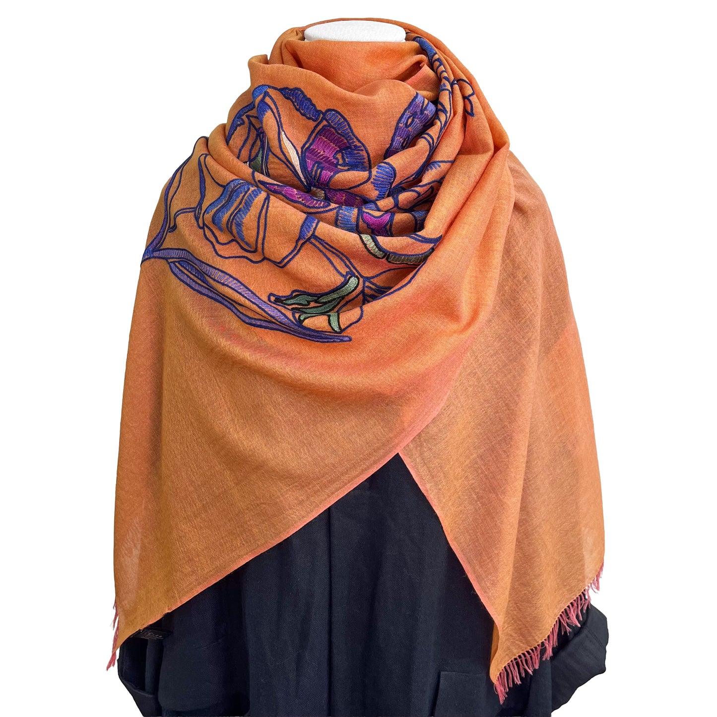 ウール&シルク アリー手刺繍ストール(オレンジ)