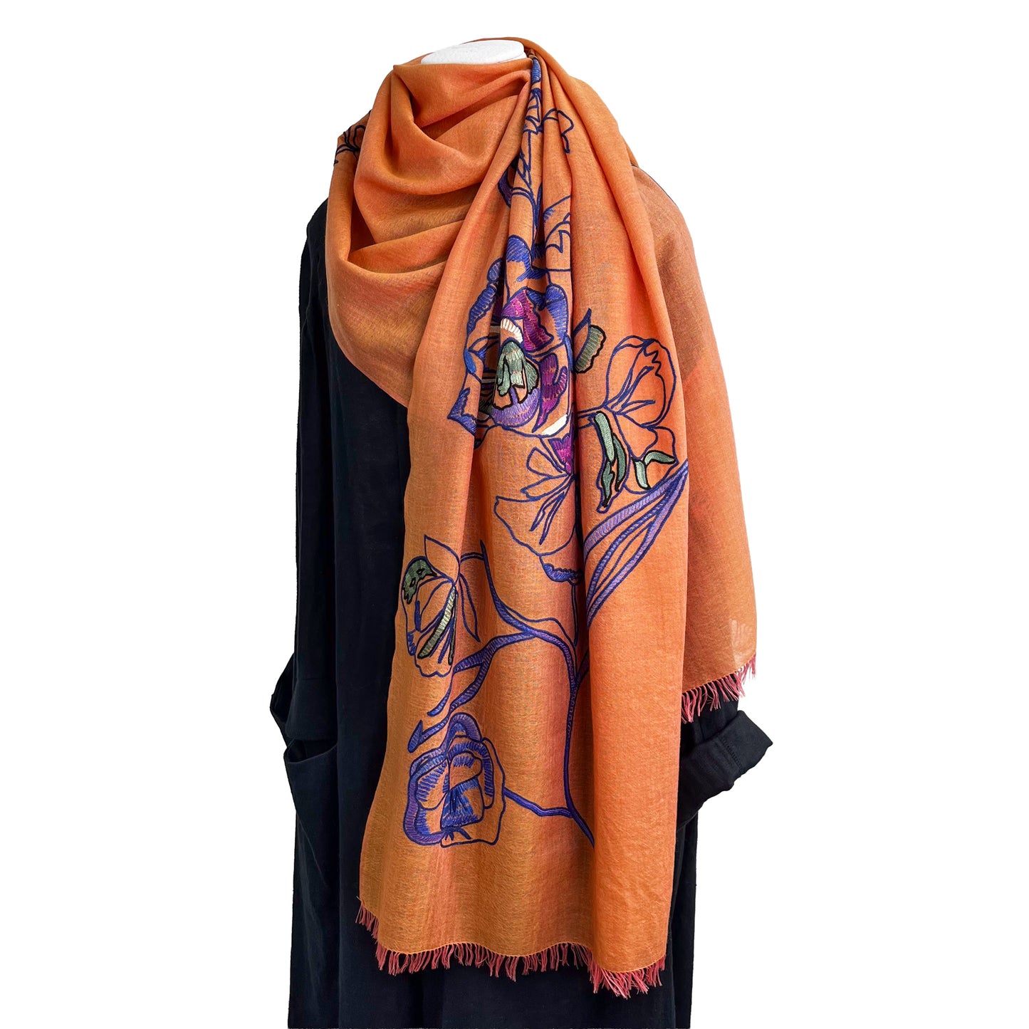 ウール&シルク アリー手刺繍ストール(オレンジ)