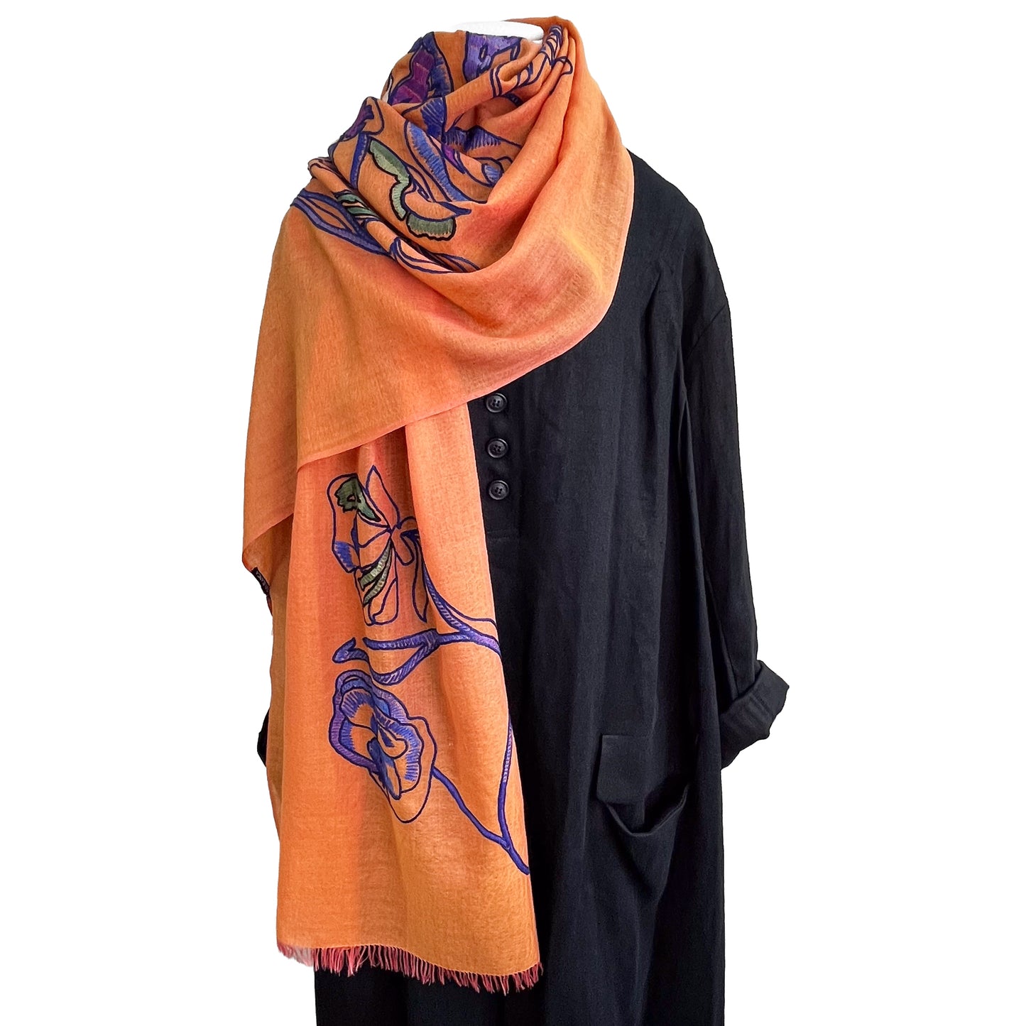 ウール&シルク アリー手刺繍ストール(オレンジ)