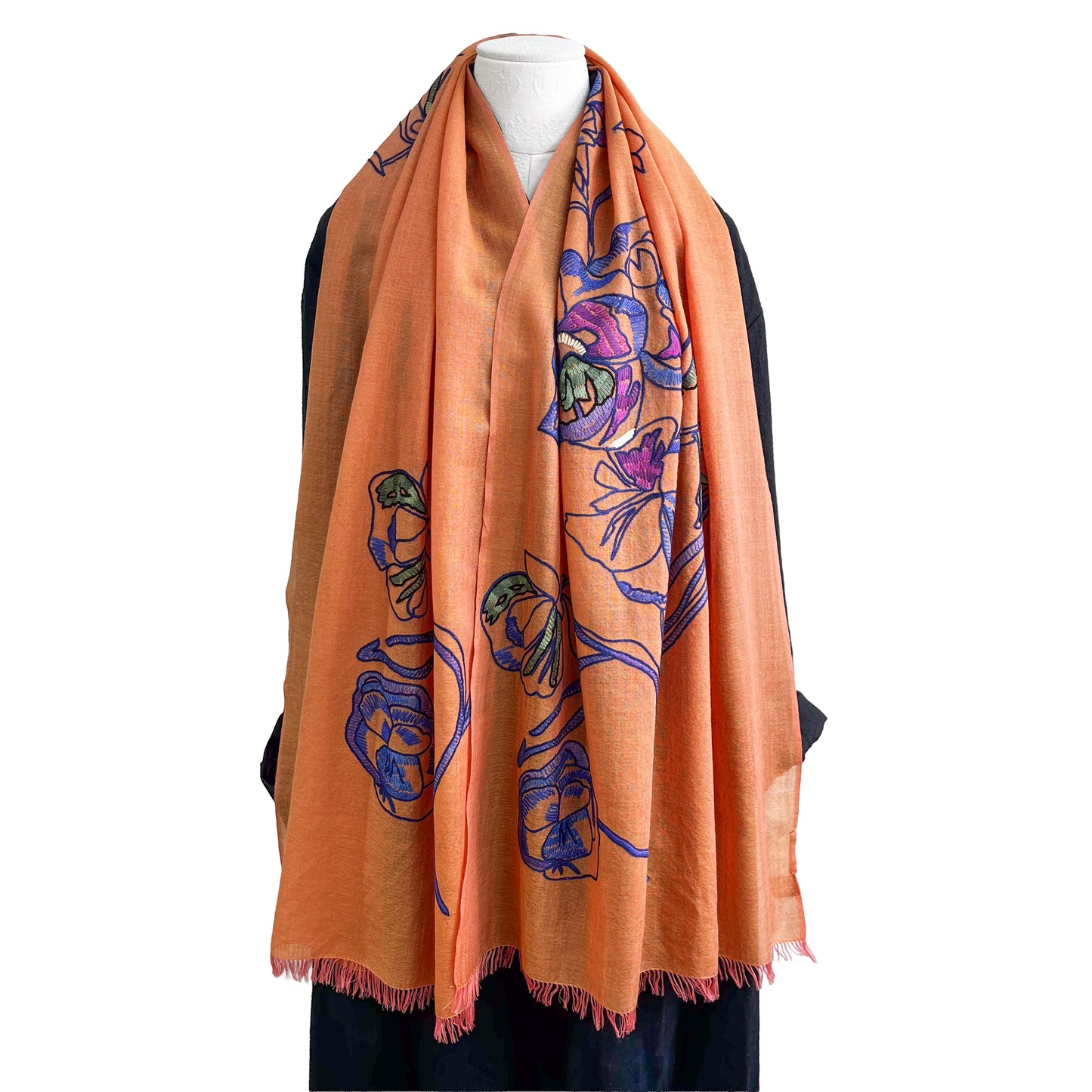 ウール&シルク アリー手刺繍ストール(オレンジ)