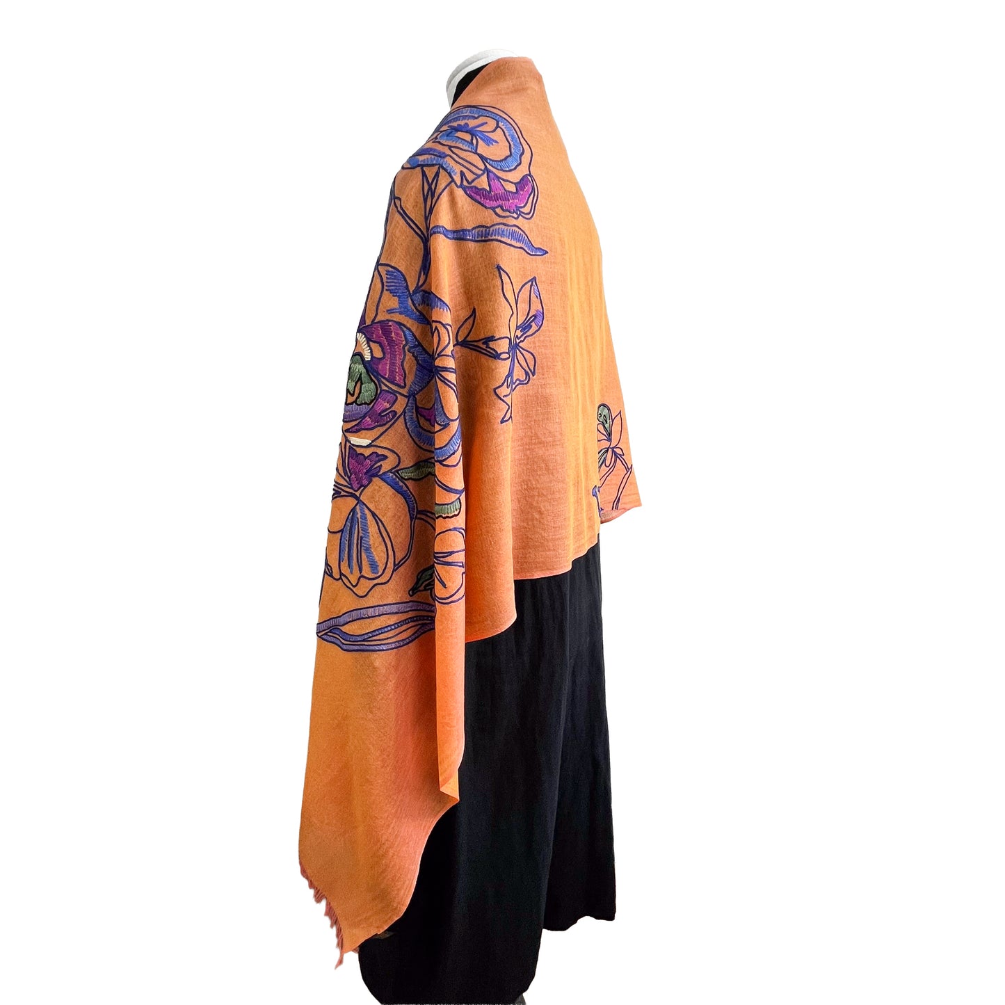 ウール&シルク アリー手刺繍ストール(オレンジ)