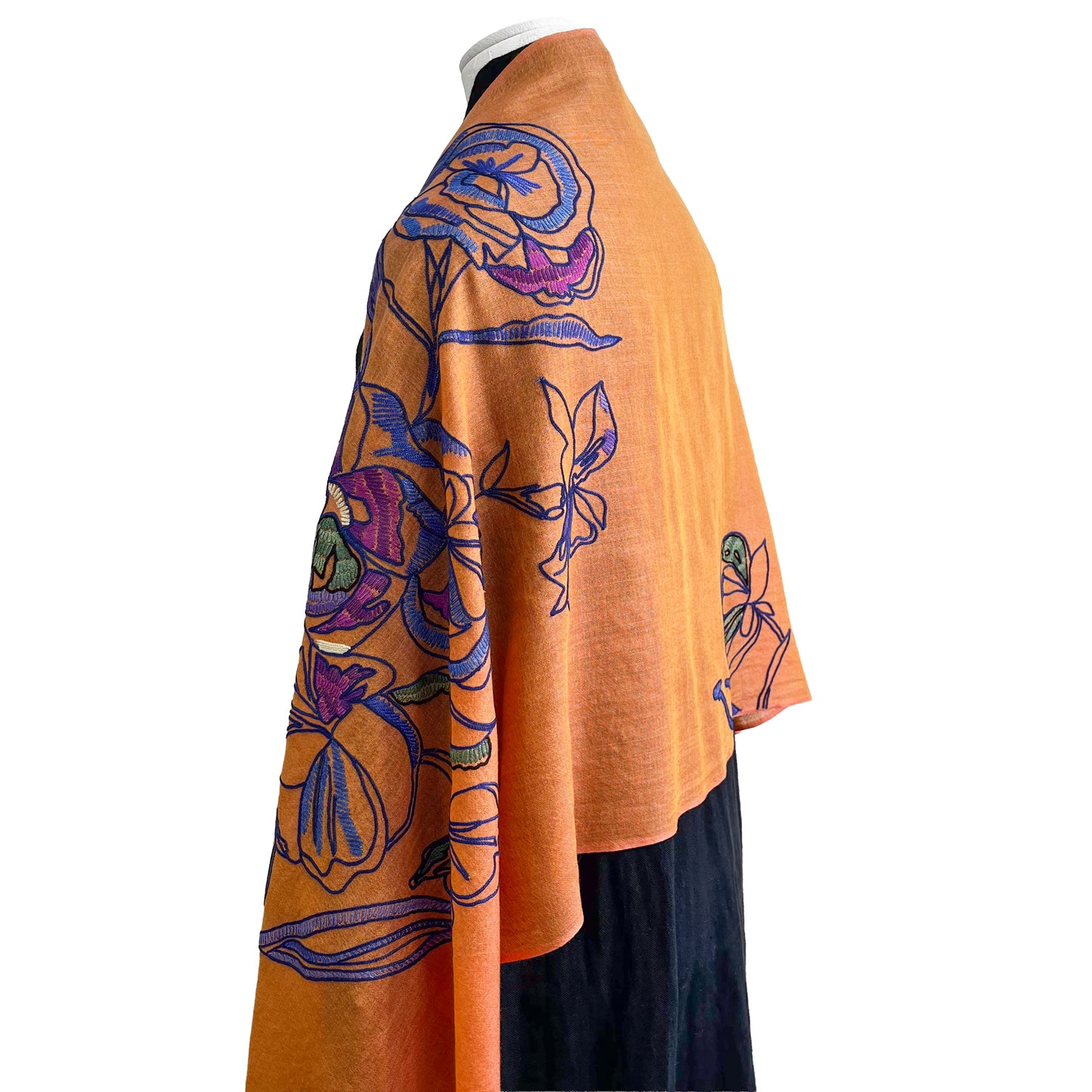 ウール&シルク アリー手刺繍ストール(オレンジ)