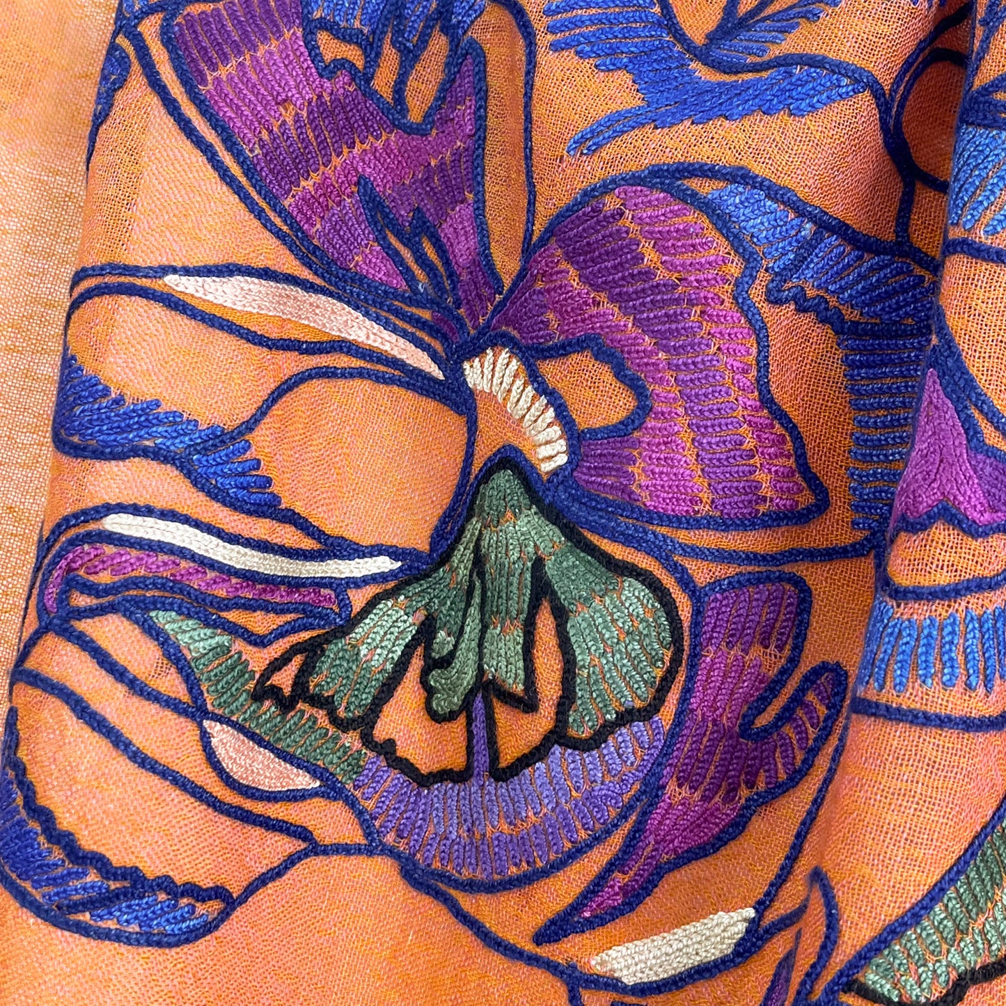 ウール&シルク アリー手刺繍ストール(オレンジ)