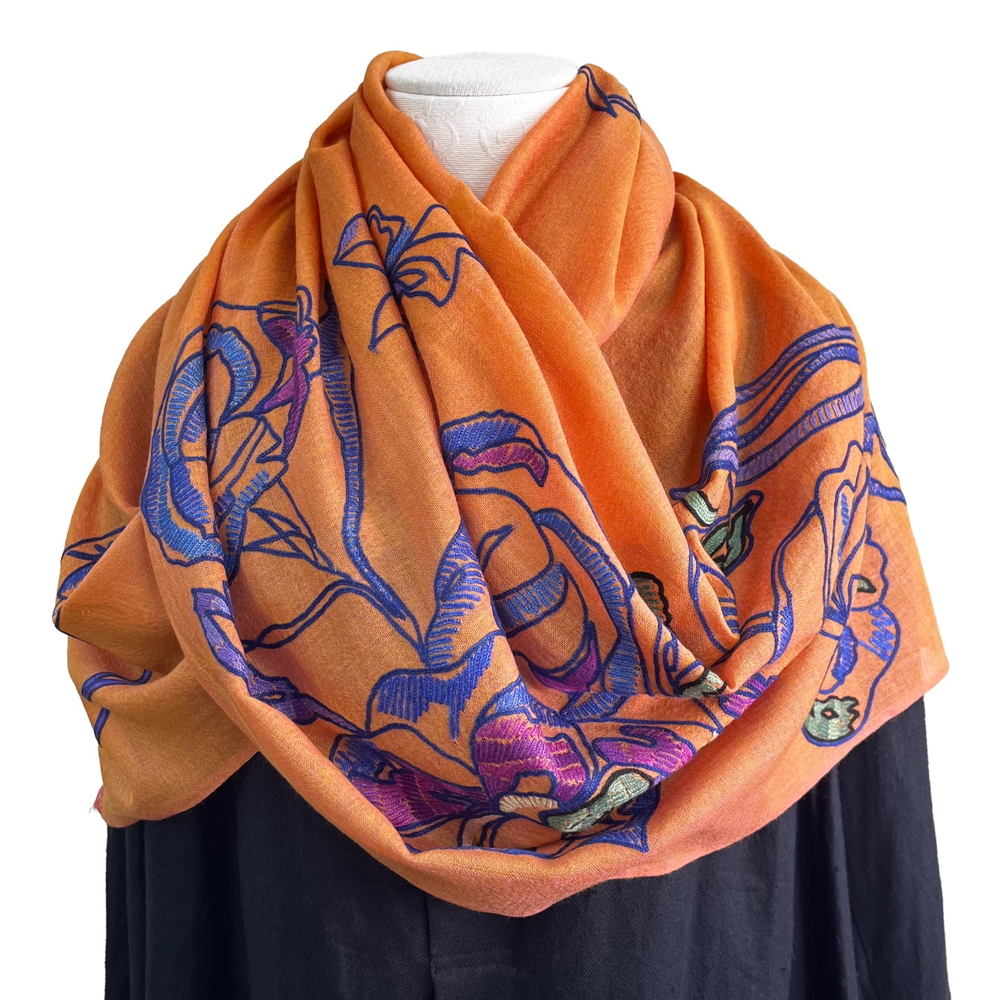 ウール&シルク アリー手刺繍ストール(オレンジ)