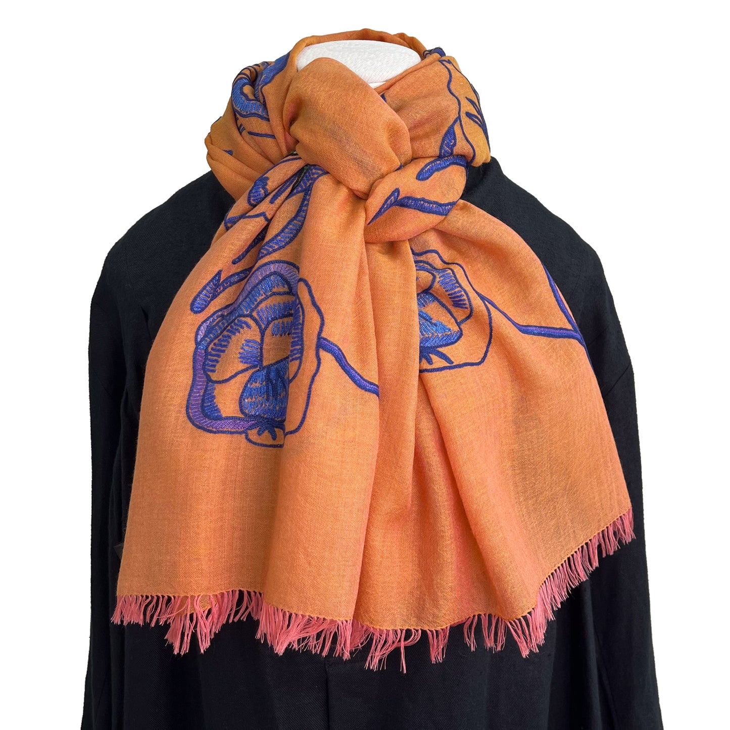 ウール&シルク アリー手刺繍ストール(オレンジ)