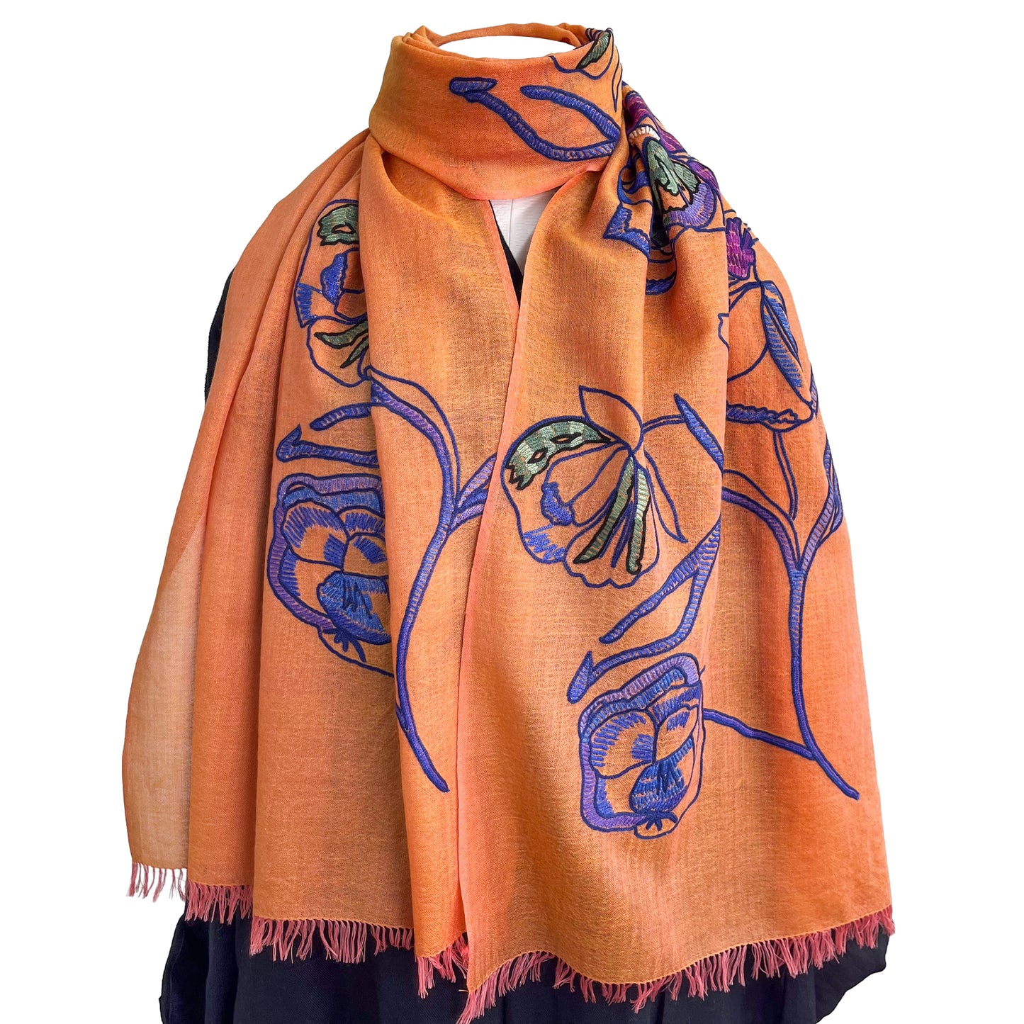 ウール&シルク アリー手刺繍ストール(オレンジ)