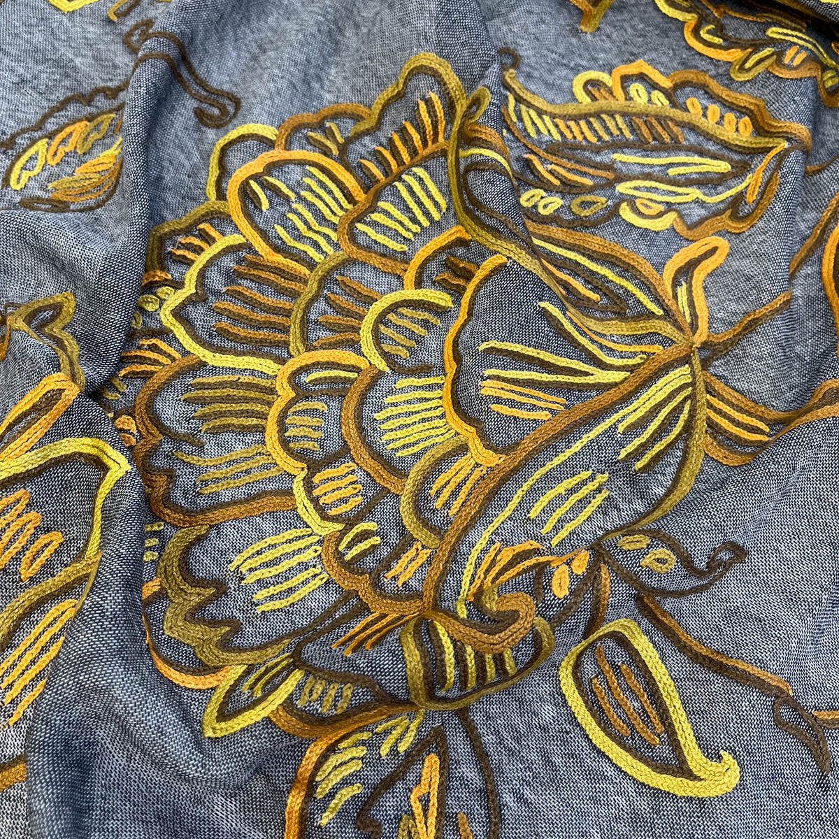 Wild Flower 薄手ウール&シルク アリー手刺繍ストール (ダークグレー/イエロー)