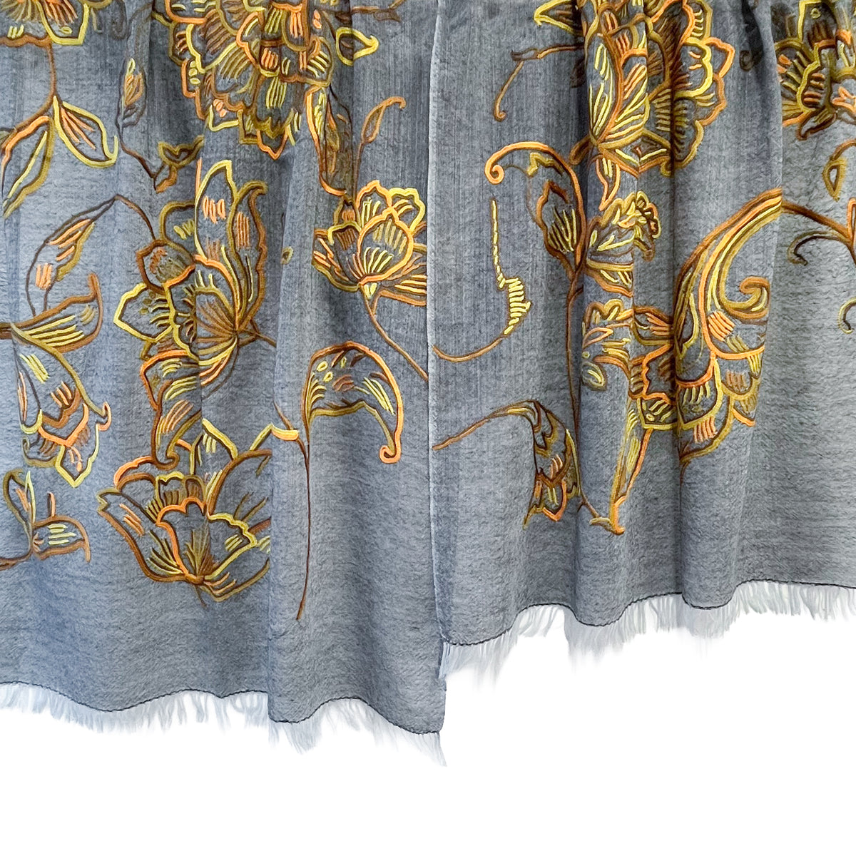 Wild Flower 薄手ウール&シルク アリー手刺繍ストール (ダークグレー/イエロー)