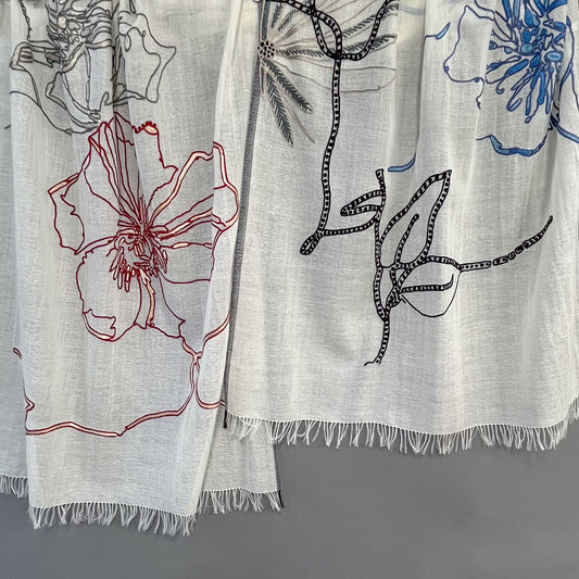 Abstract Lightweight Wool & Silk Ari Hand Embroidered Stole 60cm x 190cm (White) S-WTA4025_0271