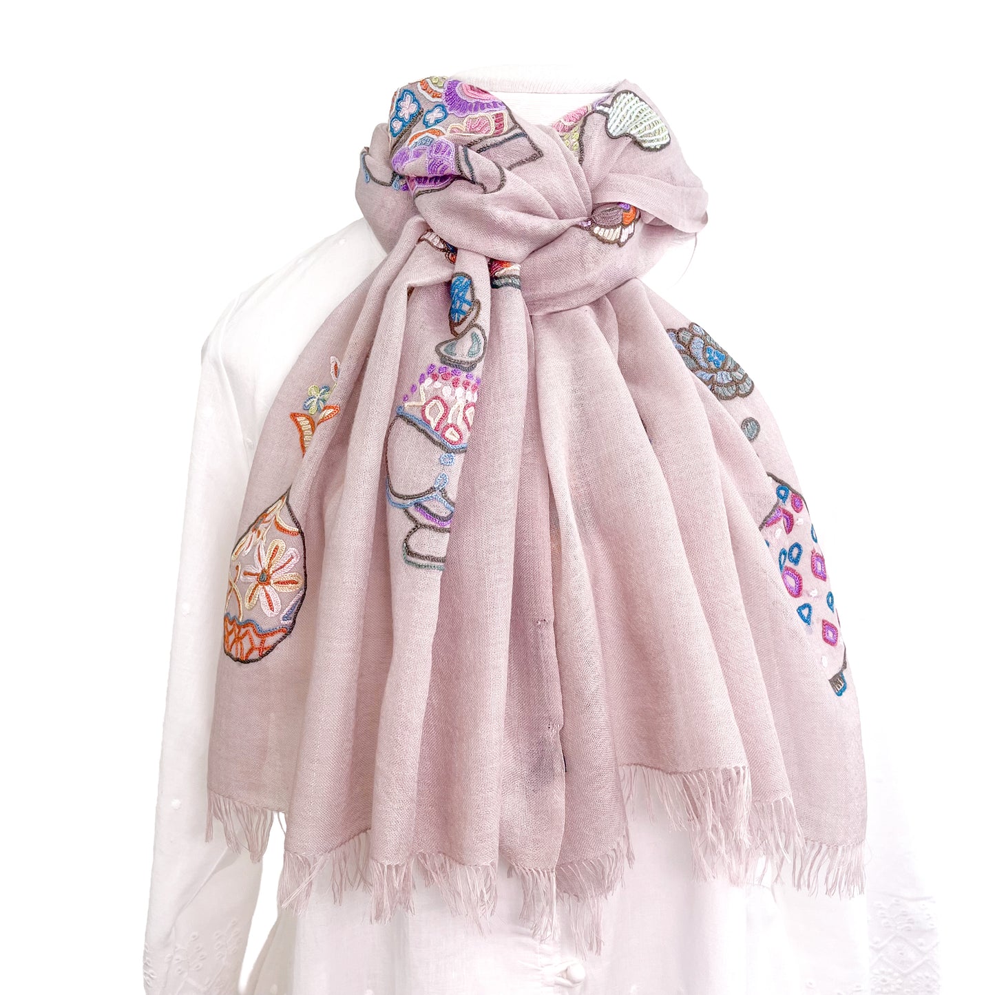 薄手ウールシルク アリー手刺繍ストール (ライトピンク)