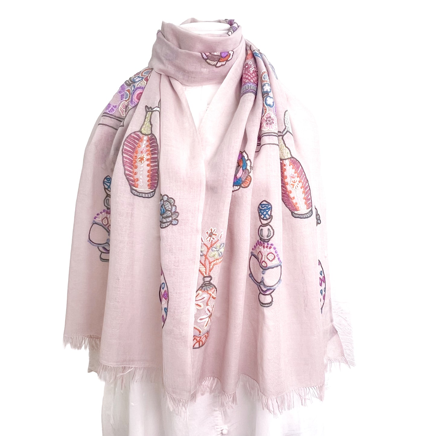 薄手ウールシルク アリー手刺繍ストール (ライトピンク)