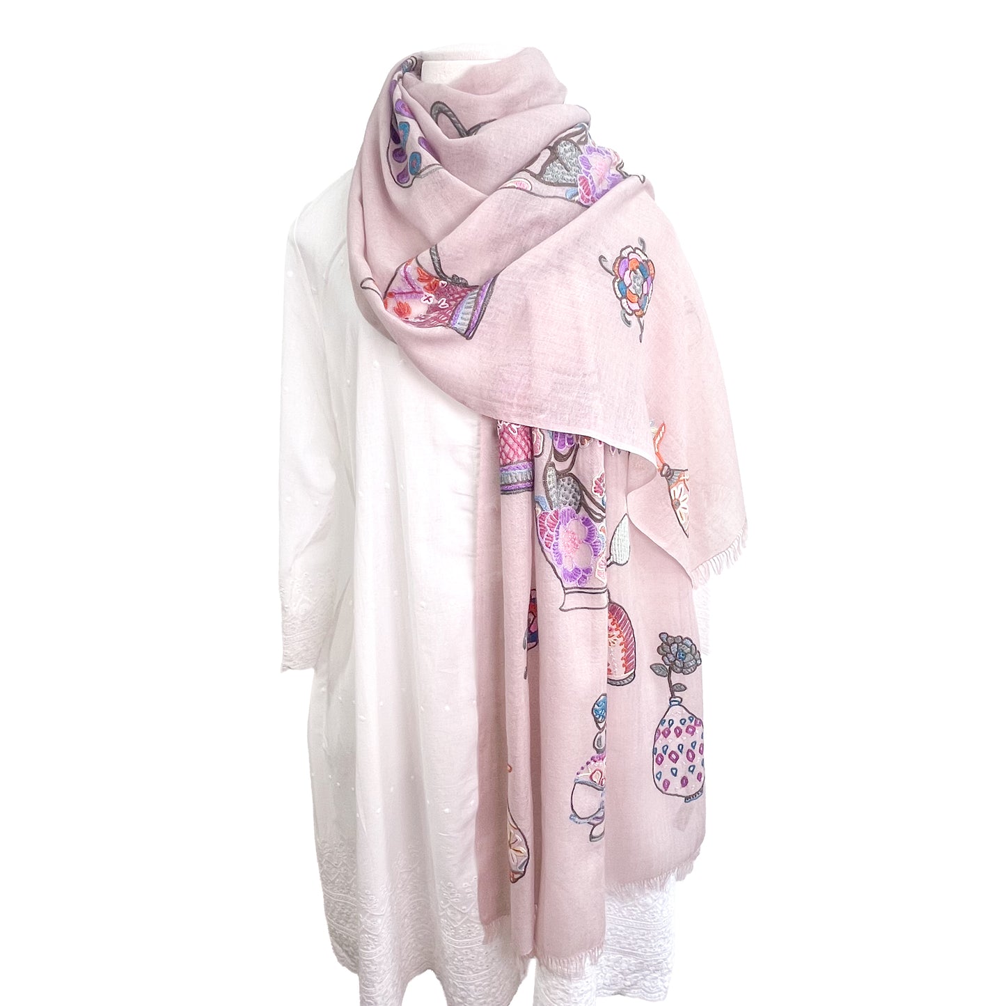 薄手ウールシルク アリー手刺繍ストール (ライトピンク)