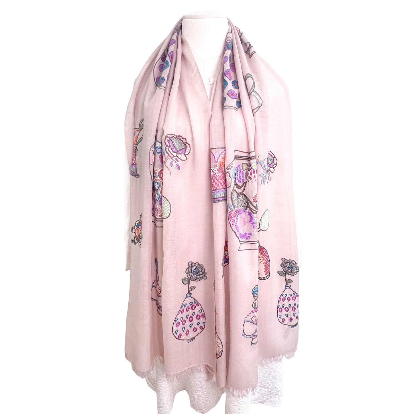 薄手ウールシルク アリー手刺繍ストール (ライトピンク)