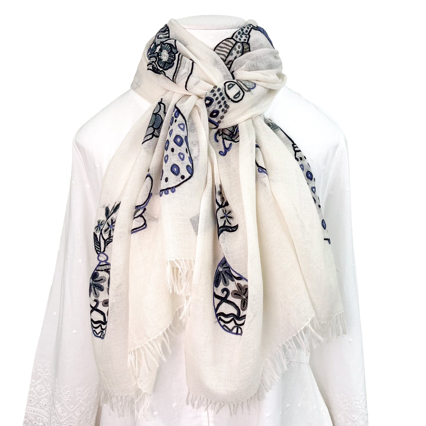 薄手ウールシルク アリー手刺繍ストール (ホワイト/ブラック)