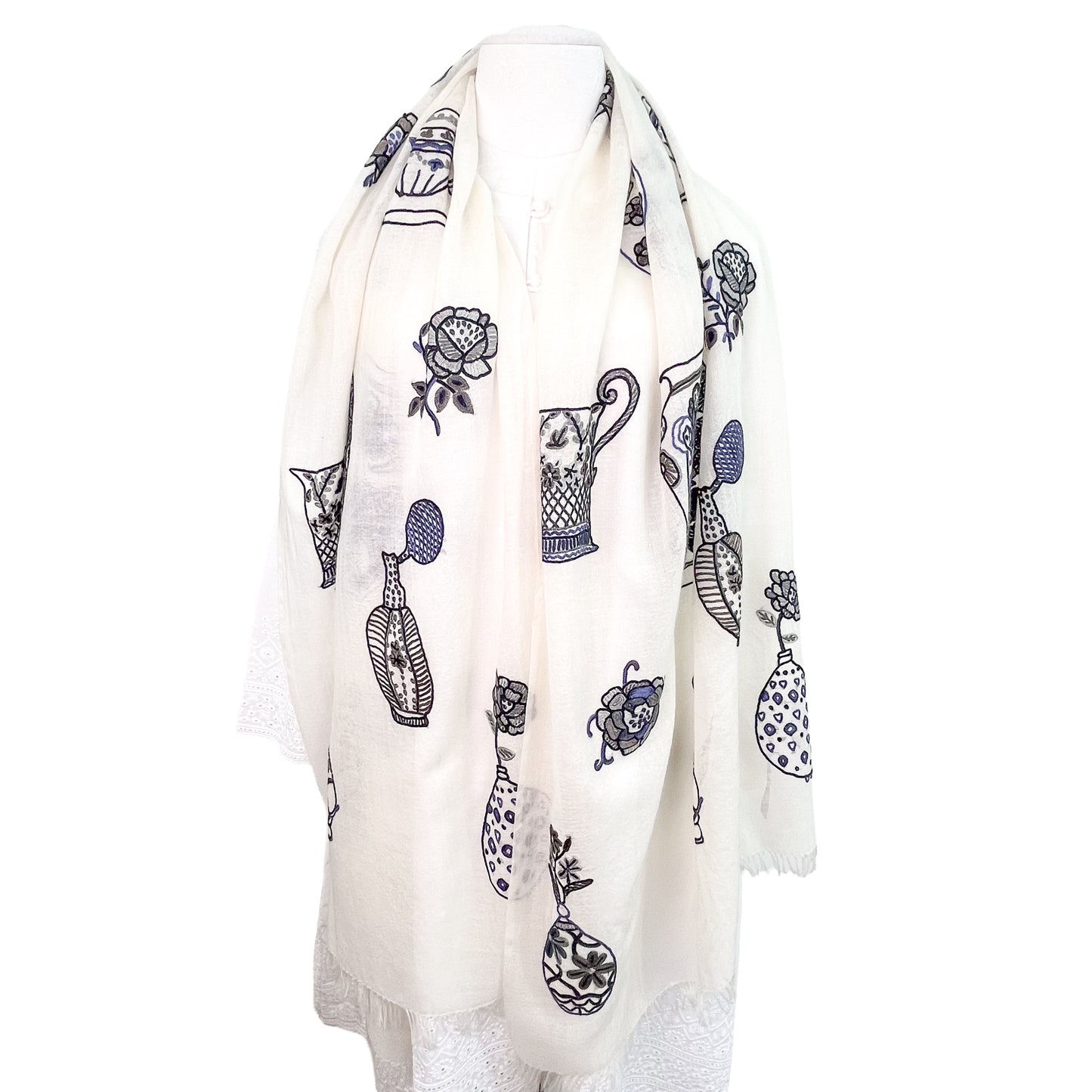 薄手ウールシルク アリー手刺繍ストール (ホワイト/ブラック)