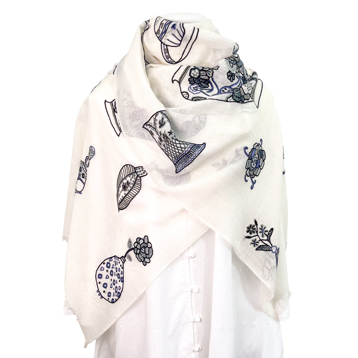 薄手ウールシルク アリー手刺繍ストール (ホワイト/ブラック)