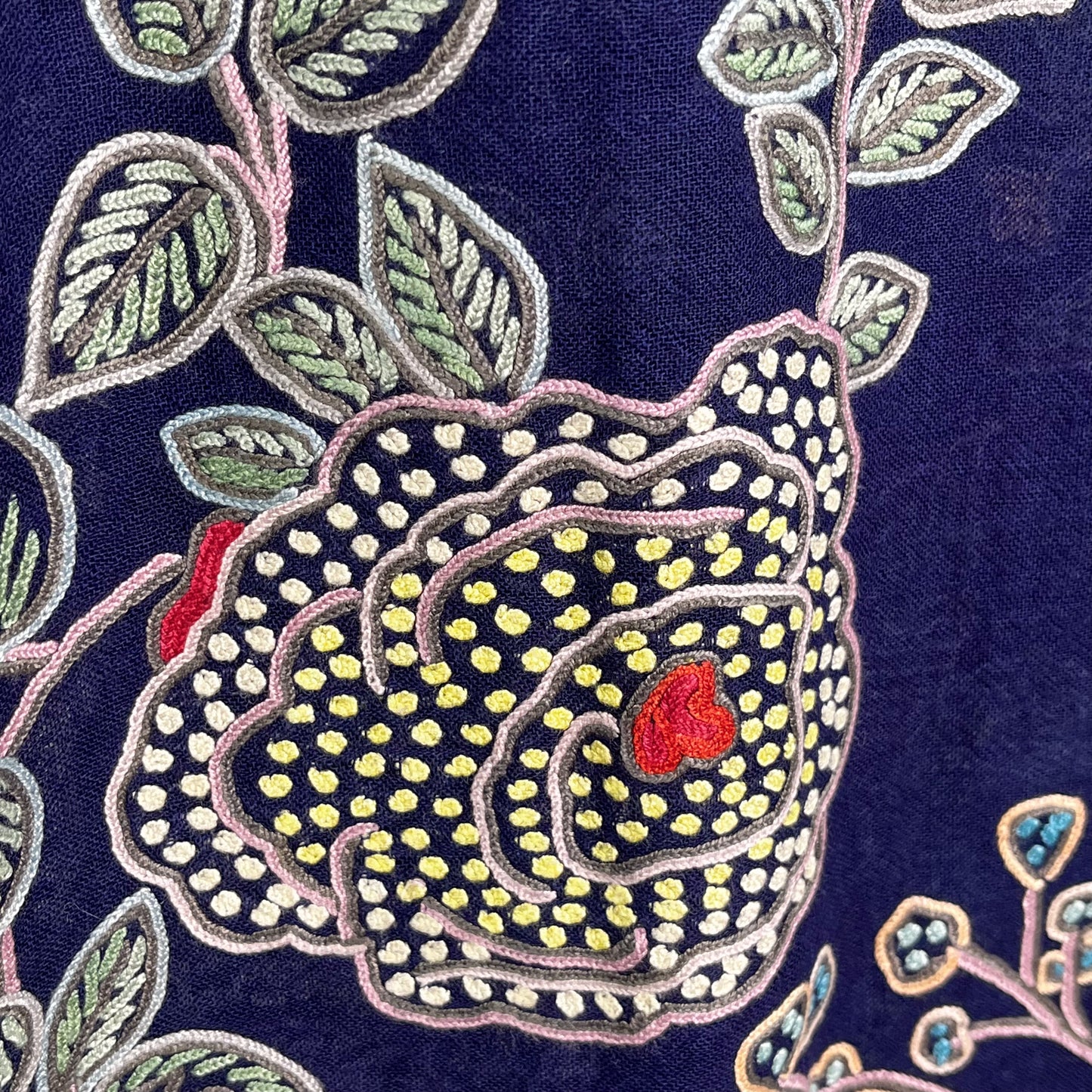 Flower Pot Wool &amp; Silk Allie Hand Embroidered Stole (Dark Navy)