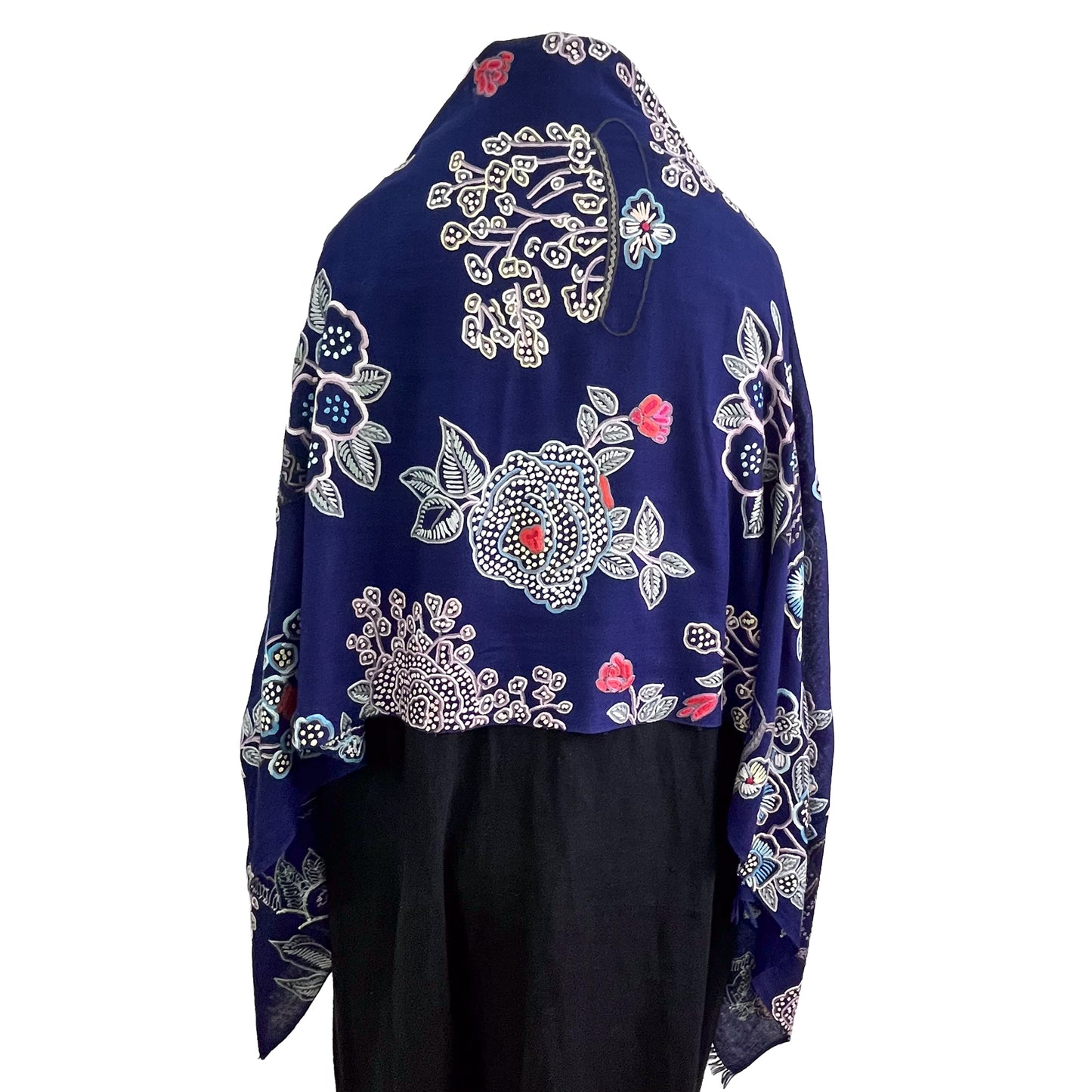 Flower Pot Wool &amp; Silk Allie Hand Embroidered Stole (Dark Navy)