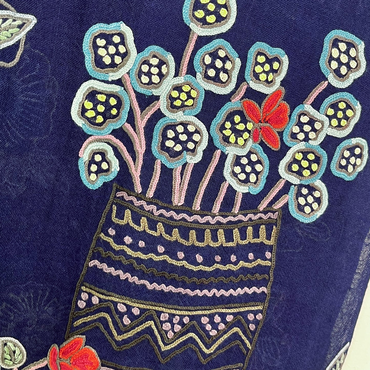 Flower Pot Wool &amp; Silk Allie Hand Embroidered Stole (Dark Navy)