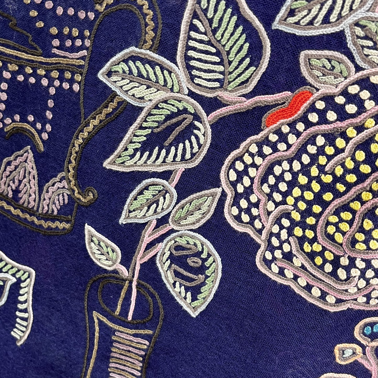 Flower Pot Wool &amp; Silk Allie Hand Embroidered Stole (Dark Navy)