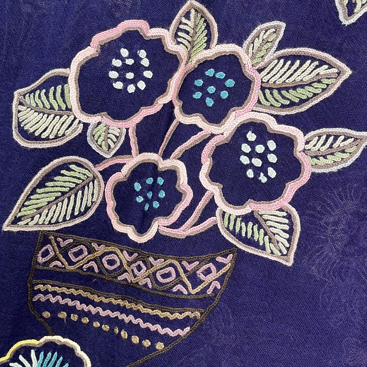 Flower Pot Wool &amp; Silk Allie Hand Embroidered Stole (Dark Navy)