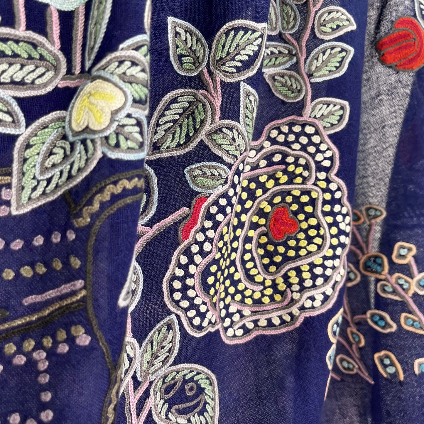 Flower Pot Wool &amp; Silk Allie Hand Embroidered Stole (Dark Navy)