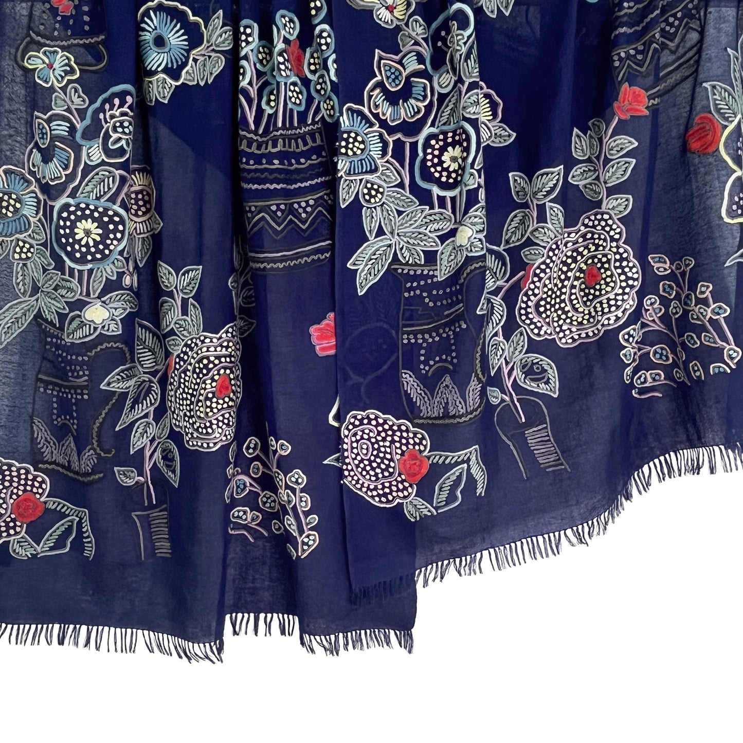 Flower Pot Wool &amp; Silk Allie Hand Embroidered Stole (Dark Navy)