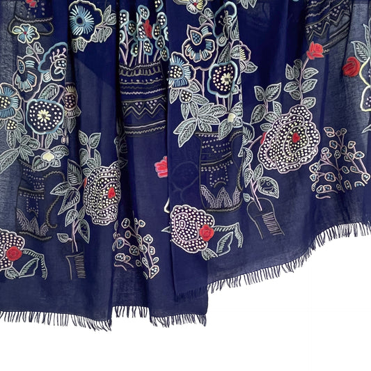 Flower Pot Wool &amp; Silk Allie Hand Embroidered Stole (Dark Navy)