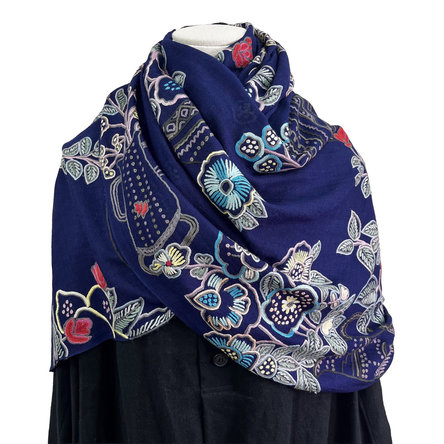 Flower Pot Wool &amp; Silk Allie Hand Embroidered Stole (Dark Navy)