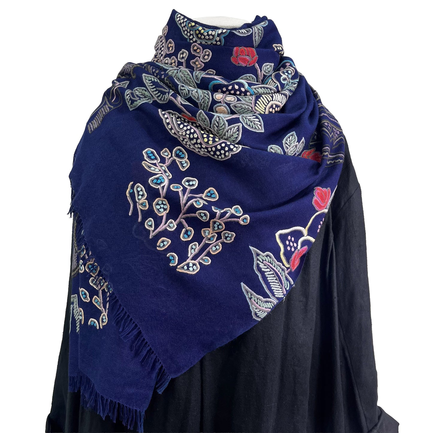 Flower Pot Wool &amp; Silk Allie Hand Embroidered Stole (Dark Navy)