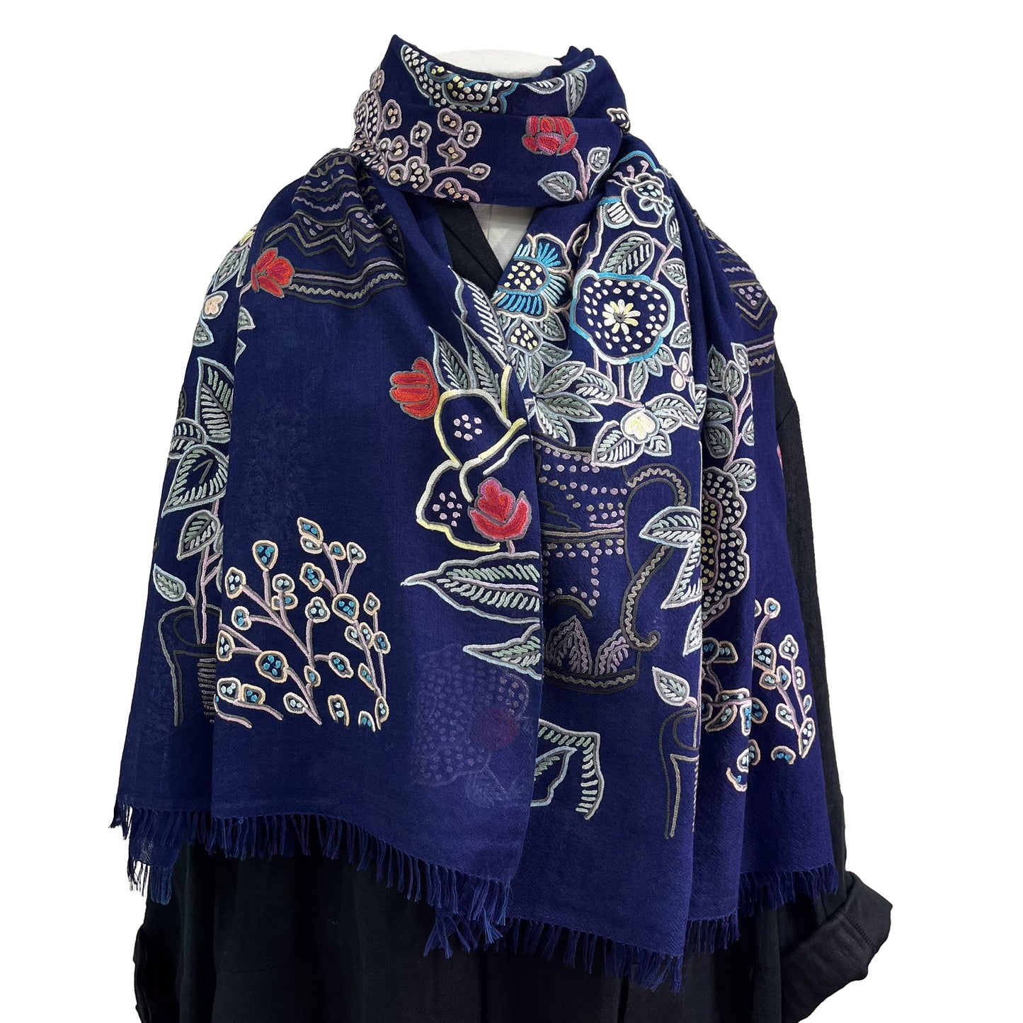Flower Pot Wool &amp; Silk Allie Hand Embroidered Stole (Dark Navy)