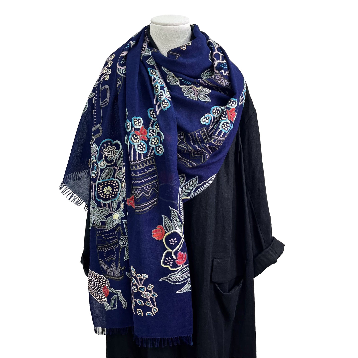 Flower Pot Wool &amp; Silk Allie Hand Embroidered Stole (Dark Navy)