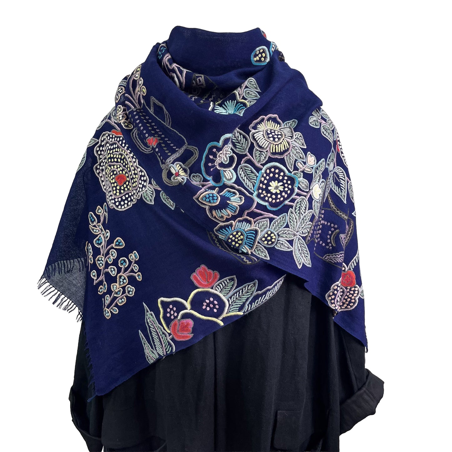 Flower Pot Wool &amp; Silk Allie Hand Embroidered Stole (Dark Navy)