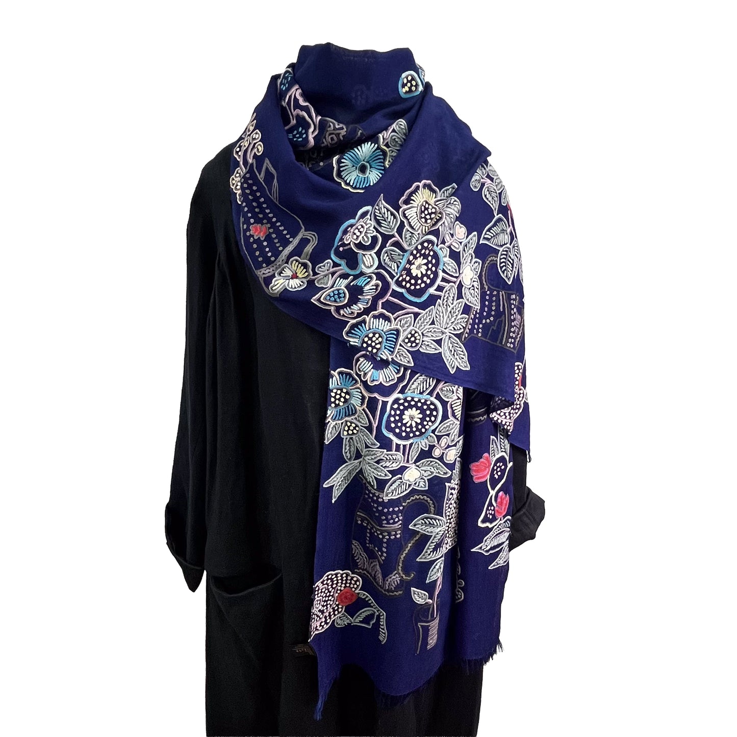 Flower Pot Wool &amp; Silk Allie Hand Embroidered Stole (Dark Navy)
