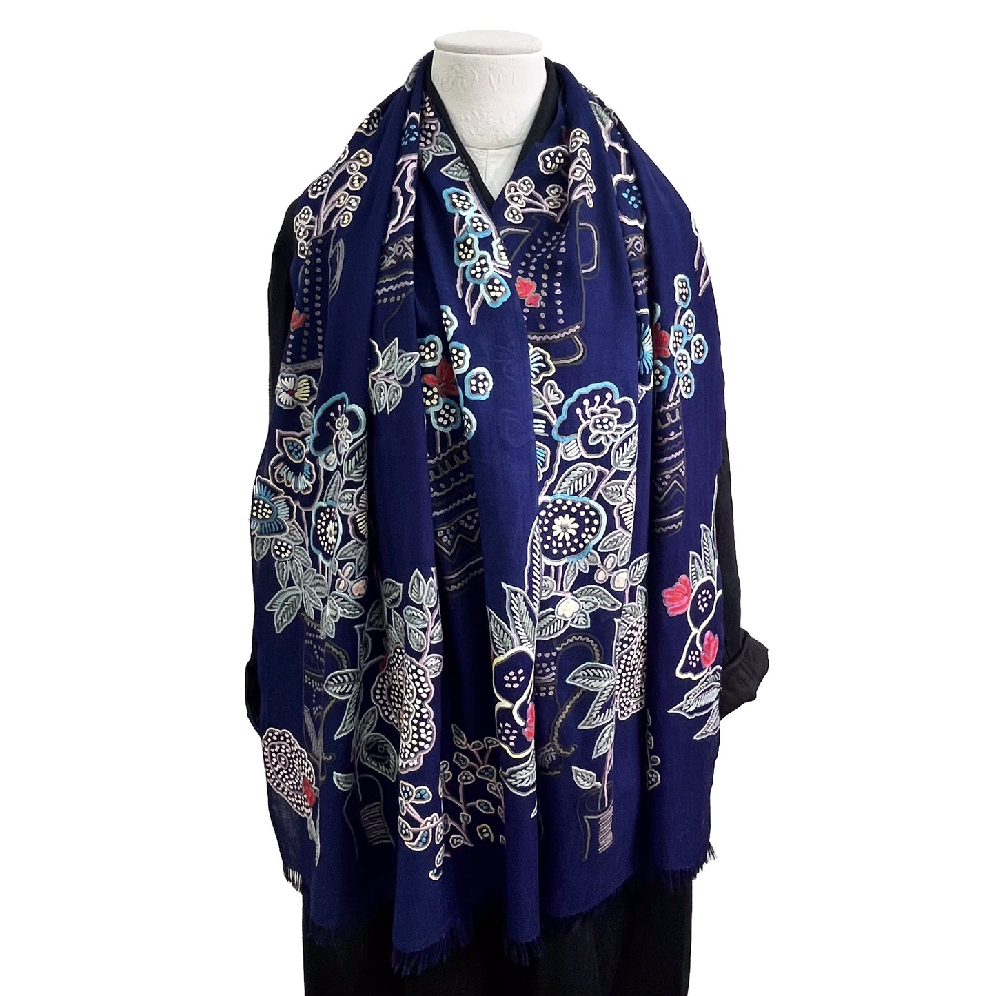 Flower Pot Wool &amp; Silk Allie Hand Embroidered Stole (Dark Navy)