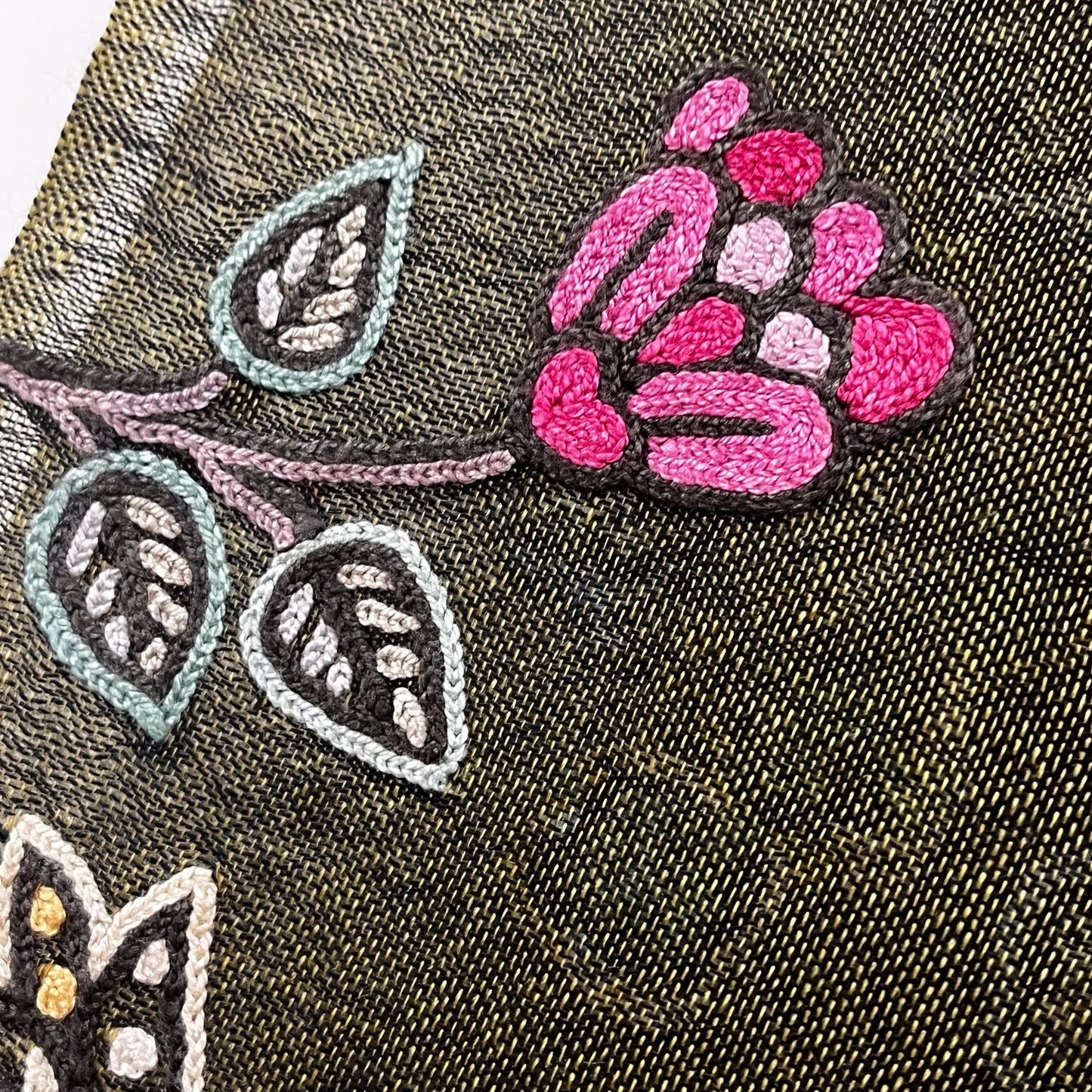 FLOWER POT ウール&シルク アリー手刺繍ストール (ダークカーキ)