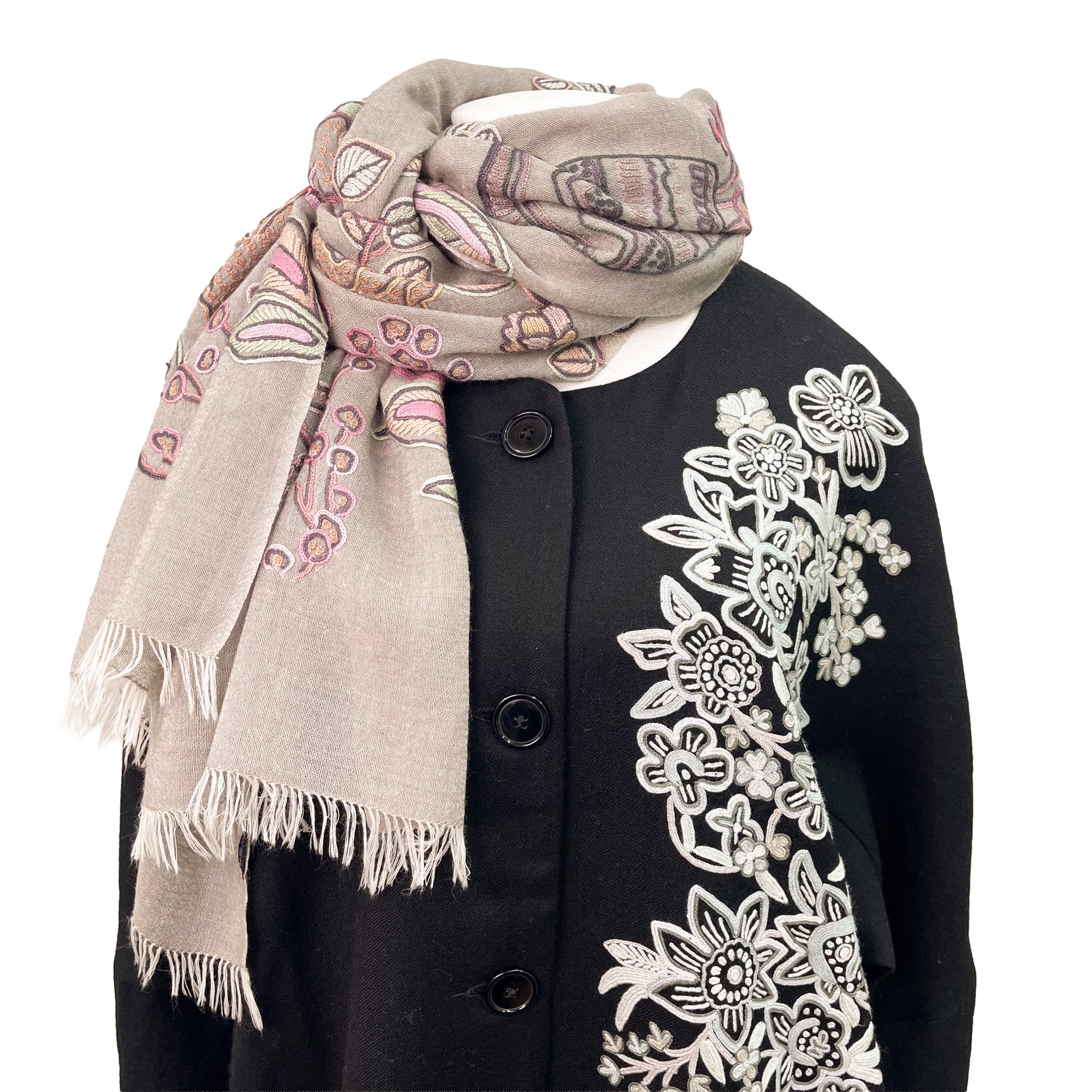 FLOWER POT ウール&シルク アリー手刺繍ストール (グレージュ) – TARA