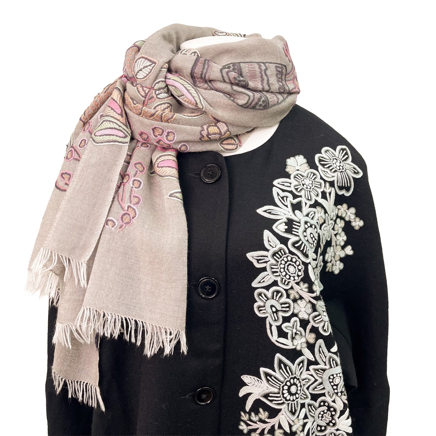 FLOWER POT ウール&シルク アリー手刺繍ストール (グレージュ)