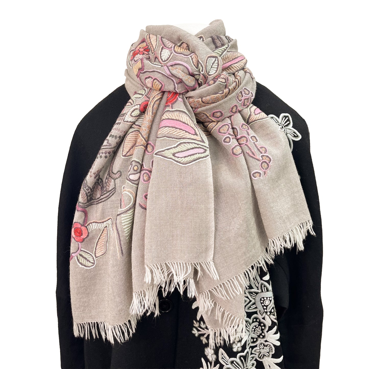 FLOWER POT ウール&シルク アリー手刺繍ストール (グレージュ)