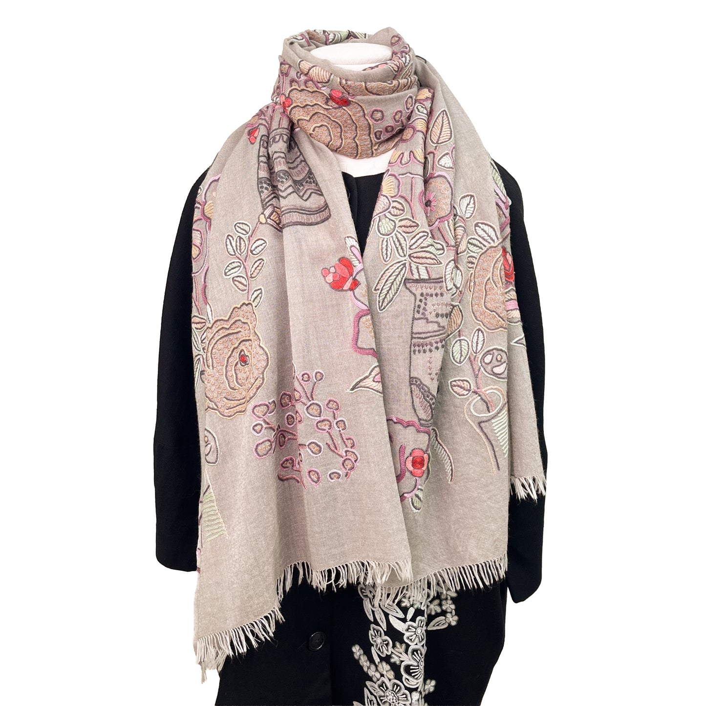 FLOWER POT ウール&シルク アリー手刺繍ストール (グレージュ)