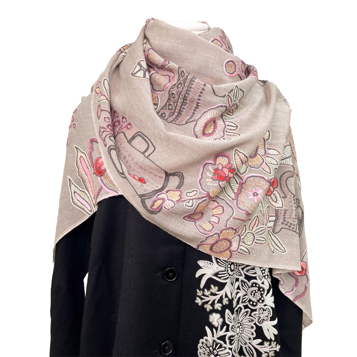 FLOWER POT ウール&シルク アリー手刺繍ストール (グレージュ)