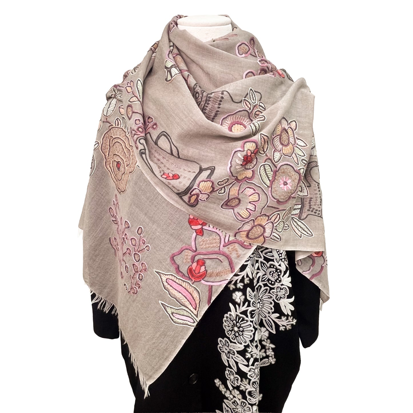 FLOWER POT ウール&シルク アリー手刺繍ストール (グレージュ)