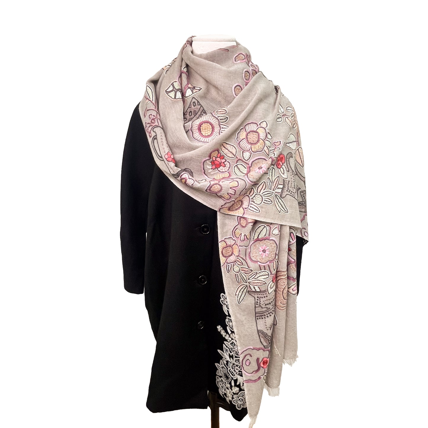 FLOWER POT ウール&シルク アリー手刺繍ストール (グレージュ)