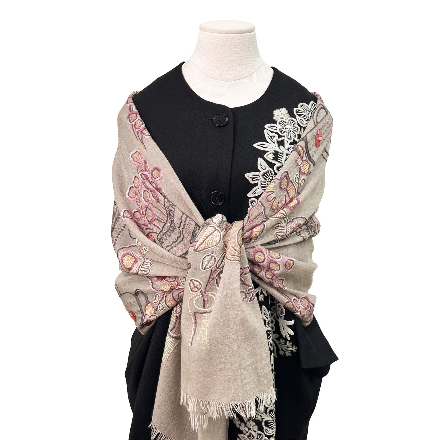 FLOWER POT ウール&シルク アリー手刺繍ストール (グレージュ)