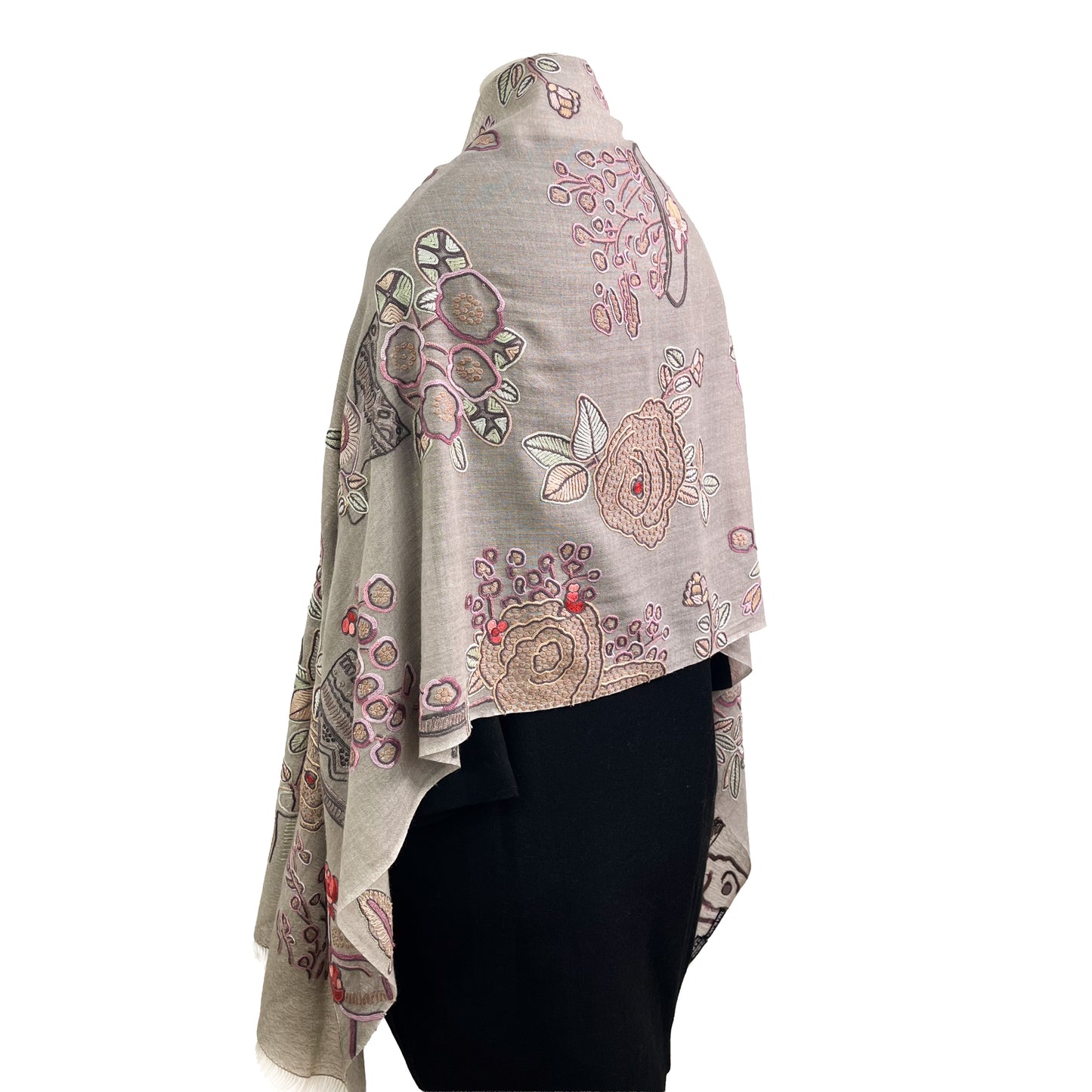 FLOWER POT ウール&シルク アリー手刺繍ストール (グレージュ)