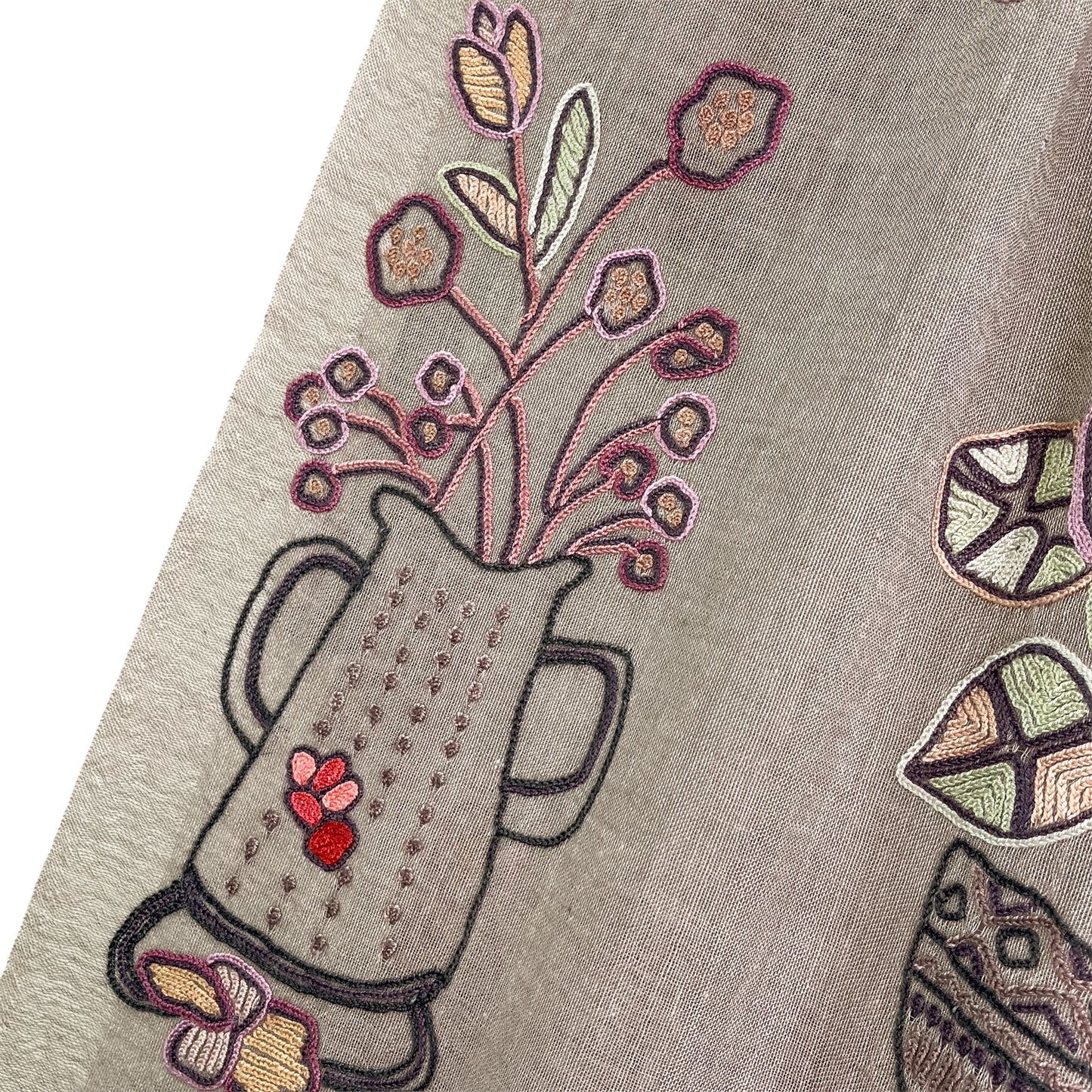 FLOWER POT ウール&シルク アリー手刺繍ストール (グレージュ)