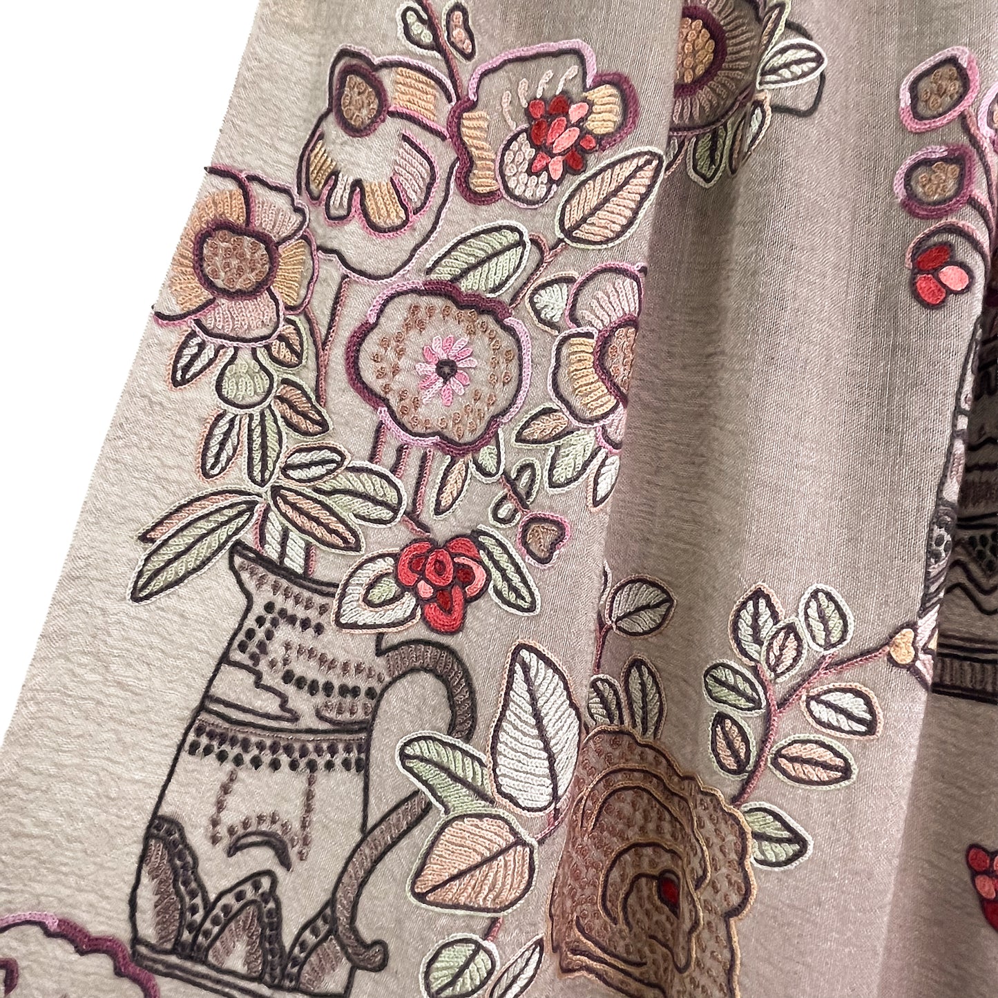 FLOWER POT ウール&シルク アリー手刺繍ストール (グレージュ)