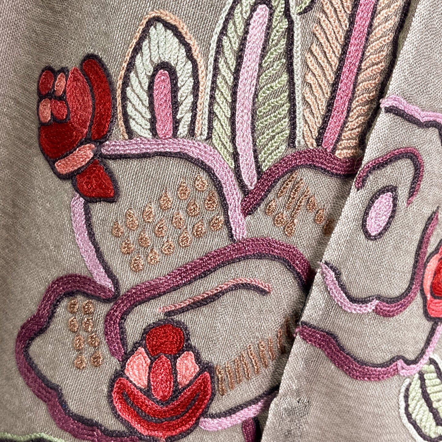 FLOWER POT ウール&シルク アリー手刺繍ストール (グレージュ)