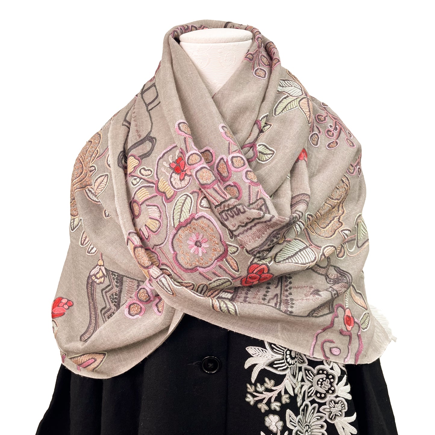 FLOWER POT ウール&シルク アリー手刺繍ストール (グレージュ)