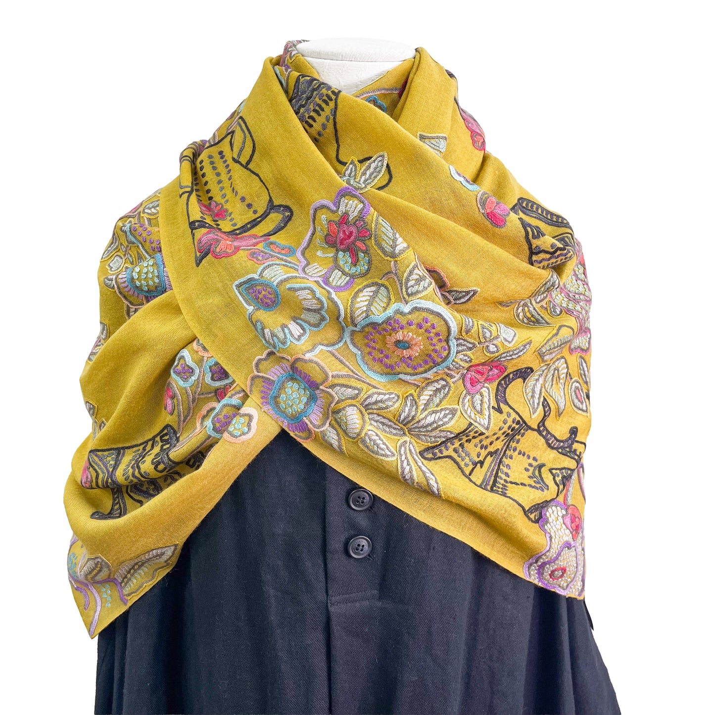 FLOWER POT ウール&シルク アリー手刺繍ストール (ダークイエロー)